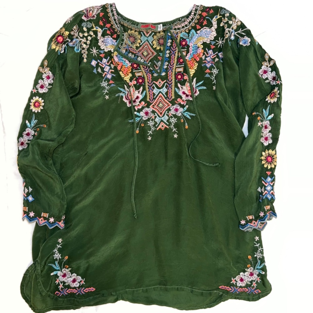 Johnny Was Sunflower Embroidered Emerald Tunic Blouse Size S